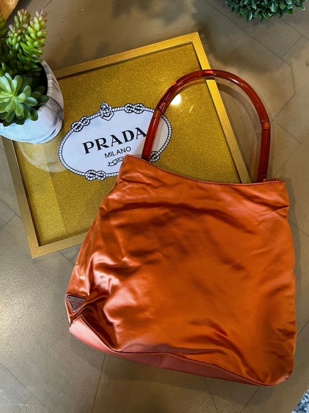 Vintage Prada Coral Orange Satin Bag Plexiglass Handle Made in Italy
